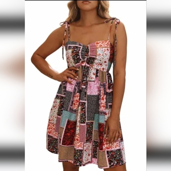 Dress Patchwork Bohemian Mini Dress Floral Adjustable spaghetti straps Size M - Picture 4 of 12